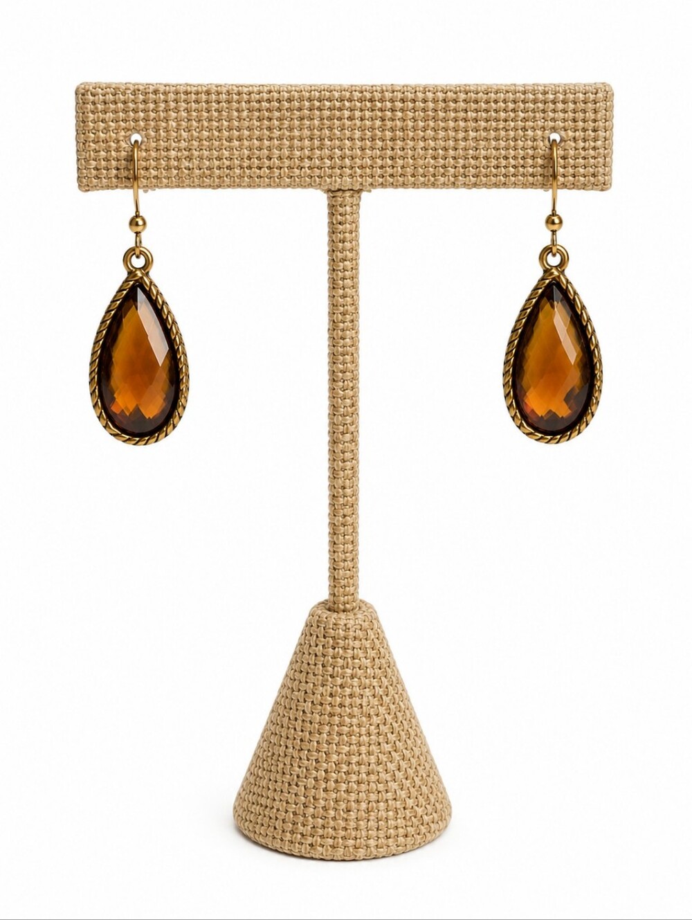 Gold Teardrop Amber Glass Drop Earrings, NWOT